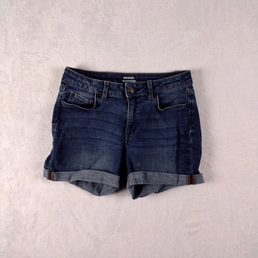 Amazon‎ Essentials Womens Cuffed Denim Shorts Dark Wash Blue Size 4 Stretch 4in